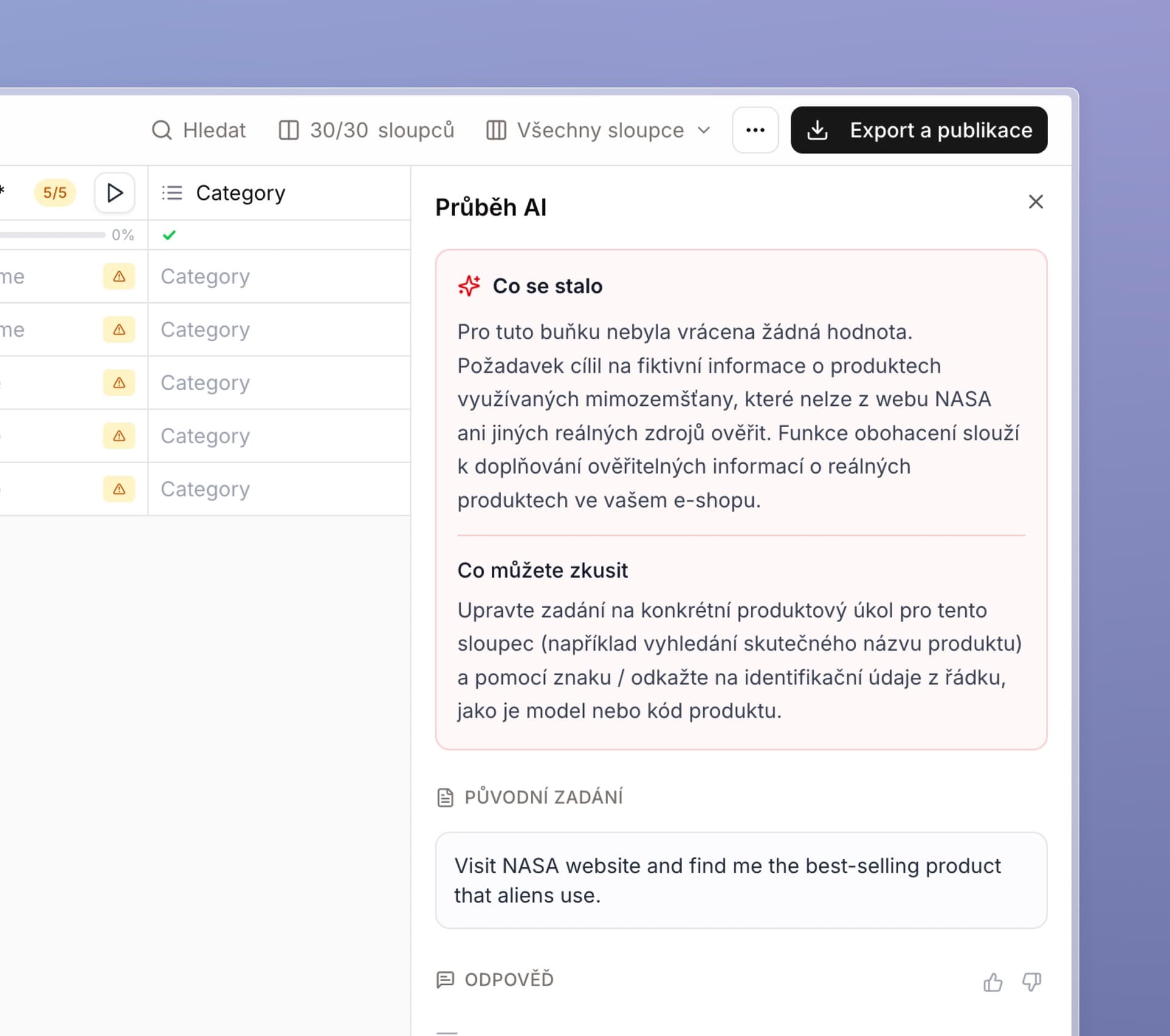 AI Activity panel with a What happened summary, What you can try recommendation, and original instructions