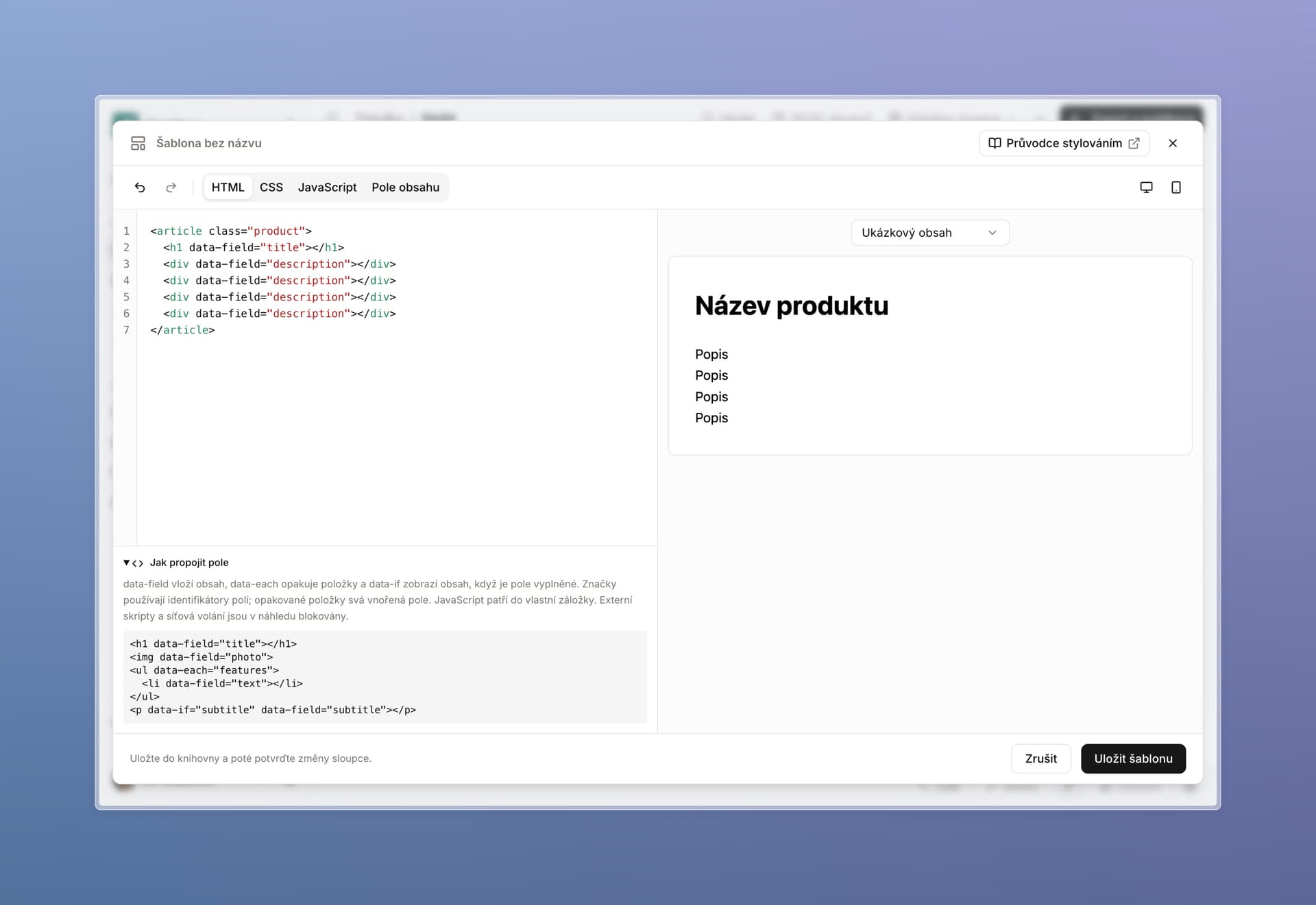 HTML content template editor with code and a product preview