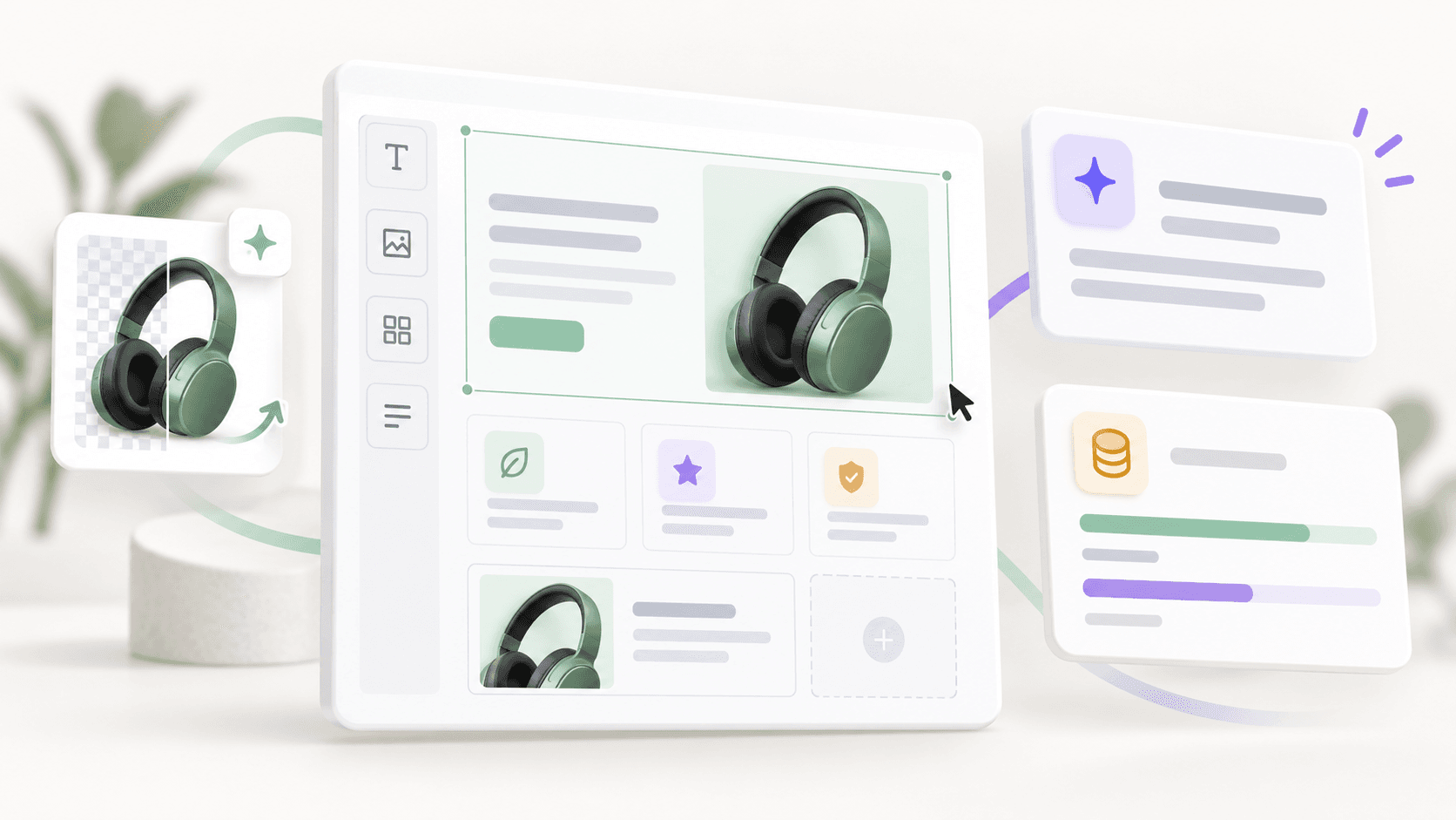 Illustration of the content template editor, product image edits, AI explanations, and credit balances