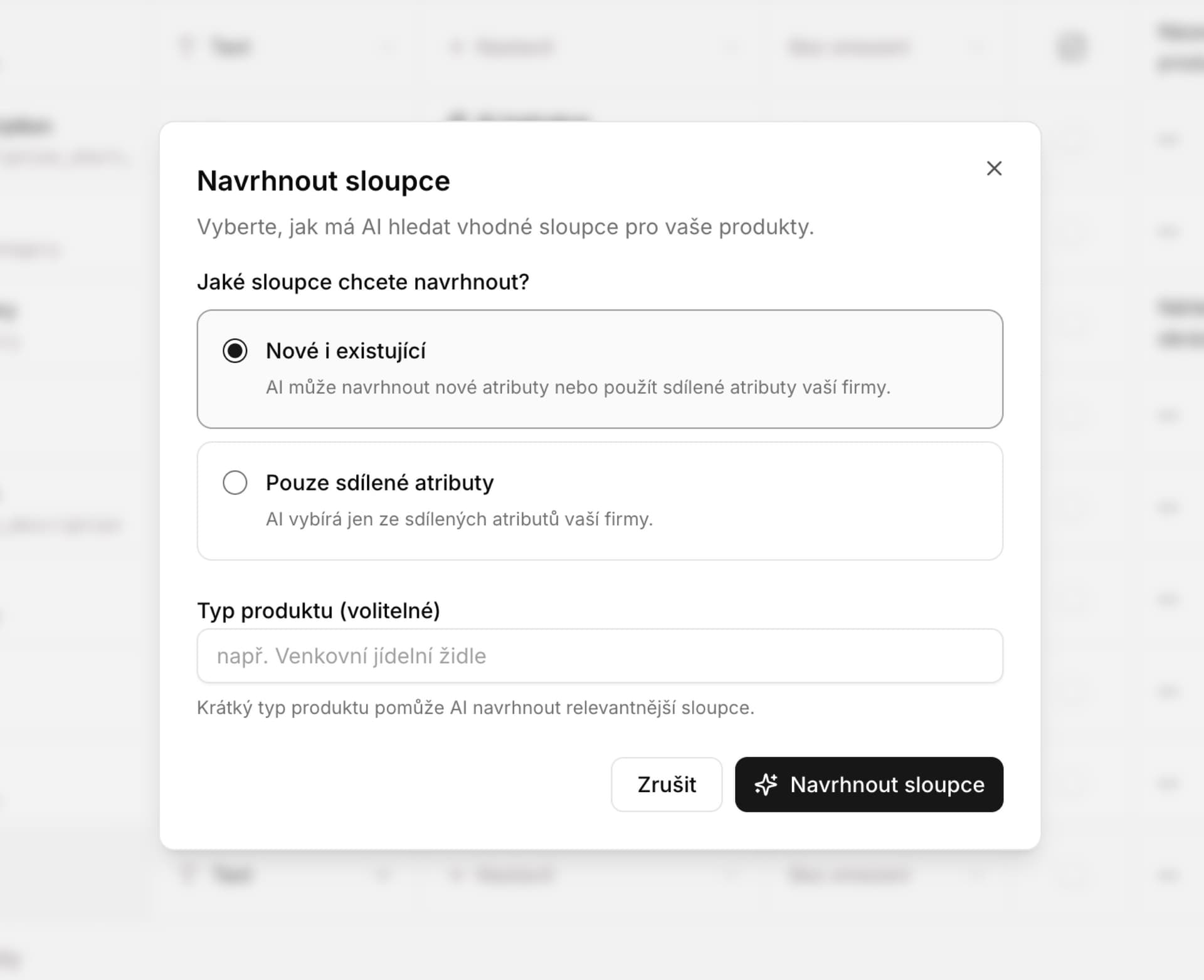 Suggest columns dialog with New and existing and Shared attributes only options